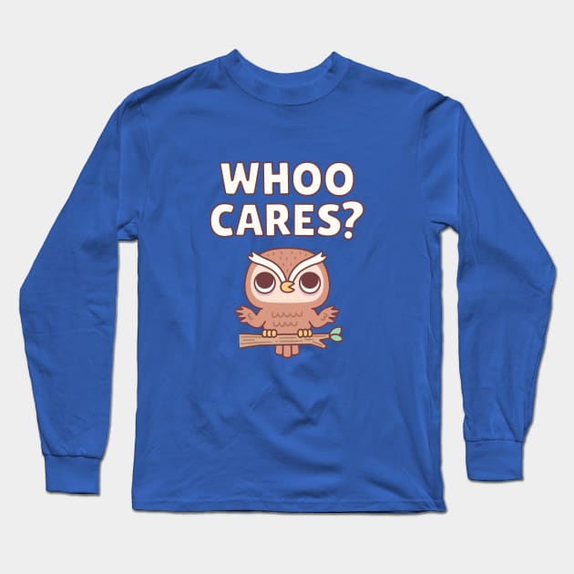 Cute Owl Shrugs Whoo Cares Funny Pun Long Sleeve T-Shirt by rustydoodle